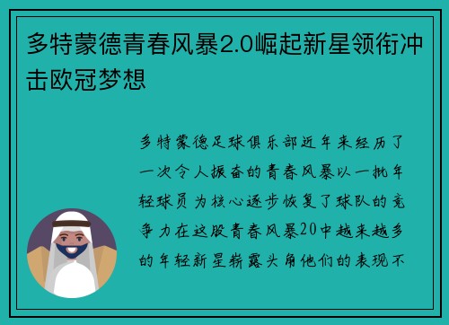 多特蒙德青春风暴2.0崛起新星领衔冲击欧冠梦想